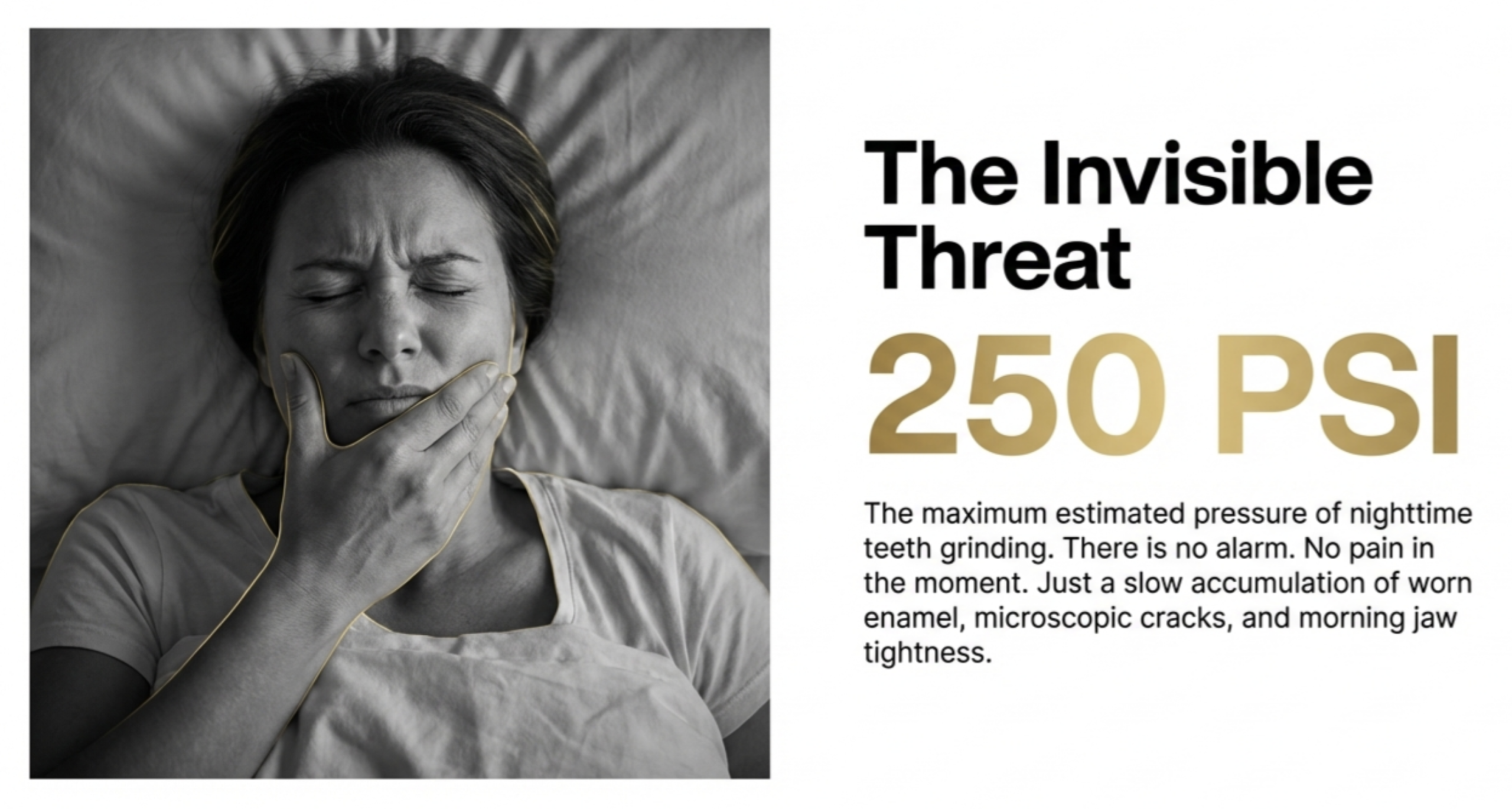 A person waking up with jaw soreness from teeth grinding.