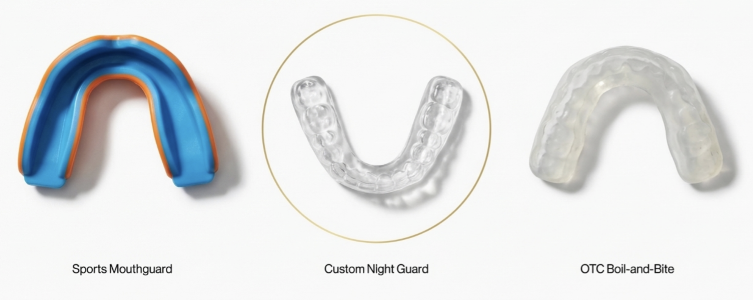 sports mouthguard vs custom night guard vs OTC boil-and-bite comparison side by side
