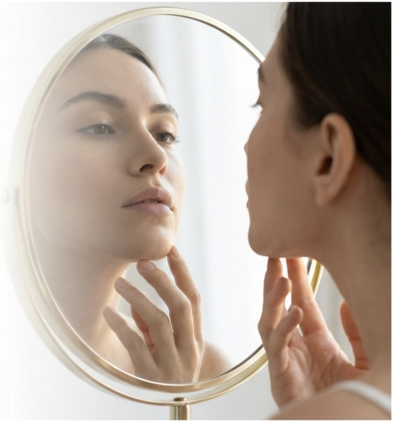 person examining jaw profile in mirror after starting night guard