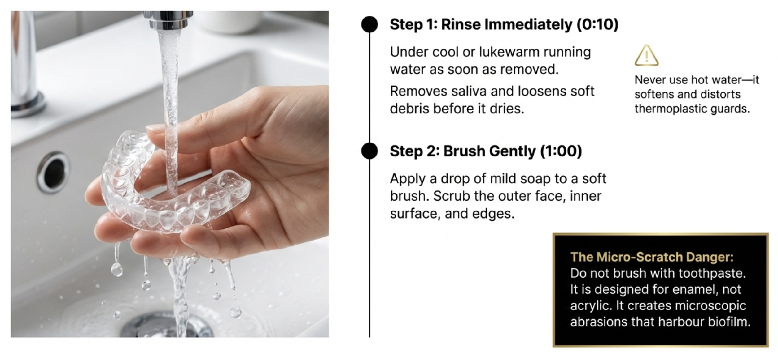 cleaning a night guard under running water daily routine