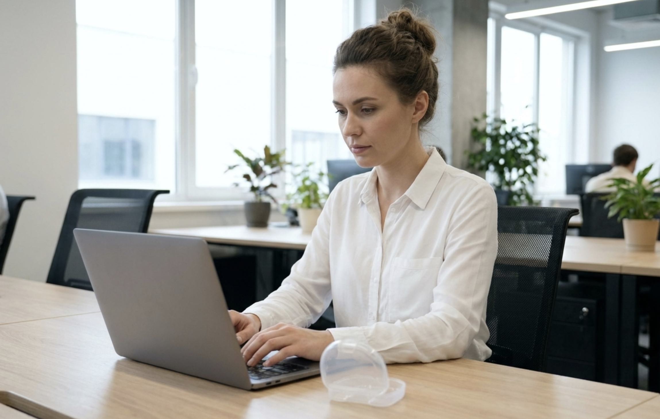daytime mouth guard worn at office desk during work