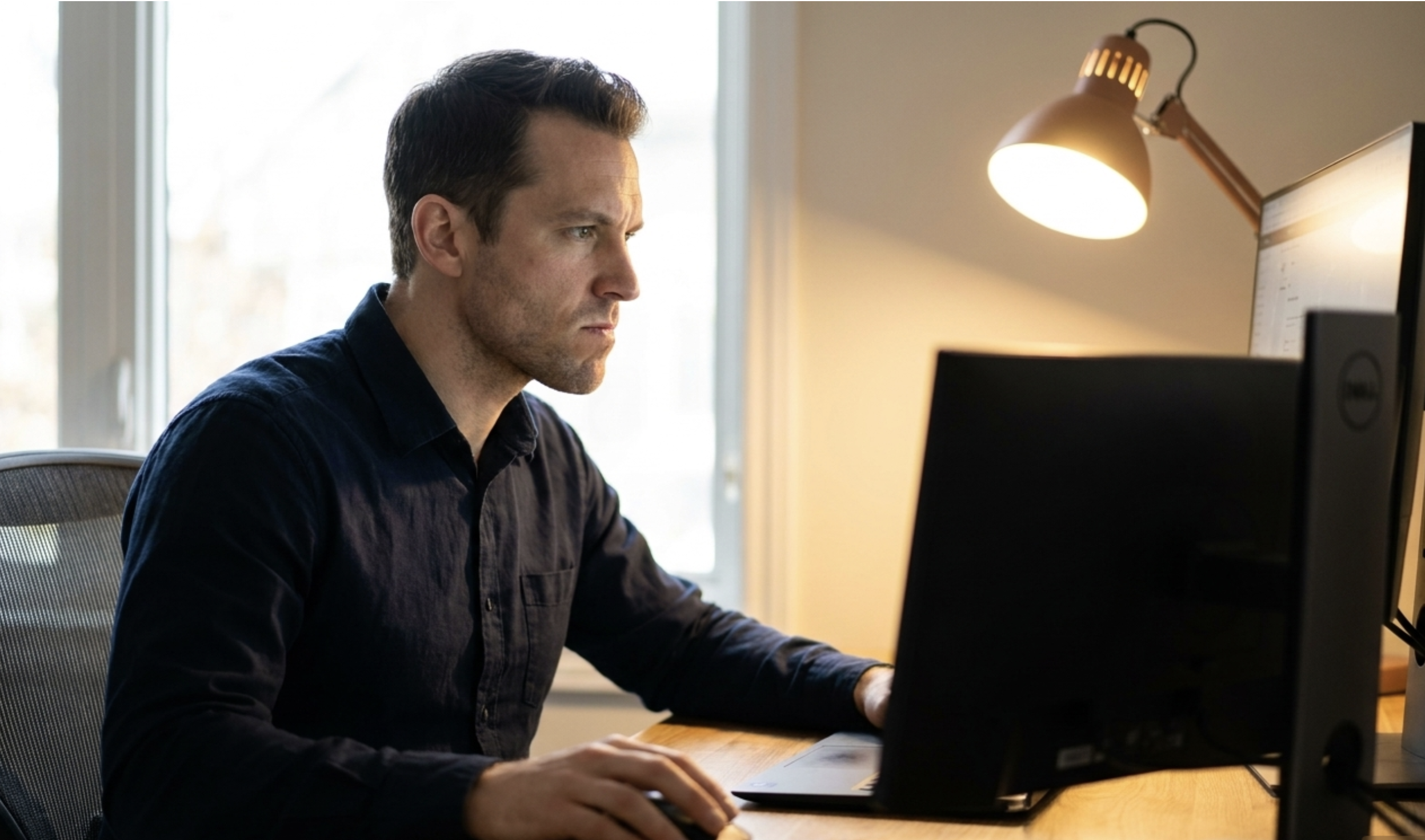 person with jaw tension headache from daytime clenching at desk