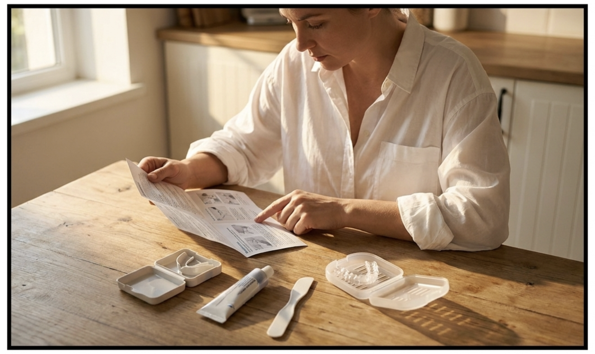 DTC custom night guard impression kit at home next to finished guard