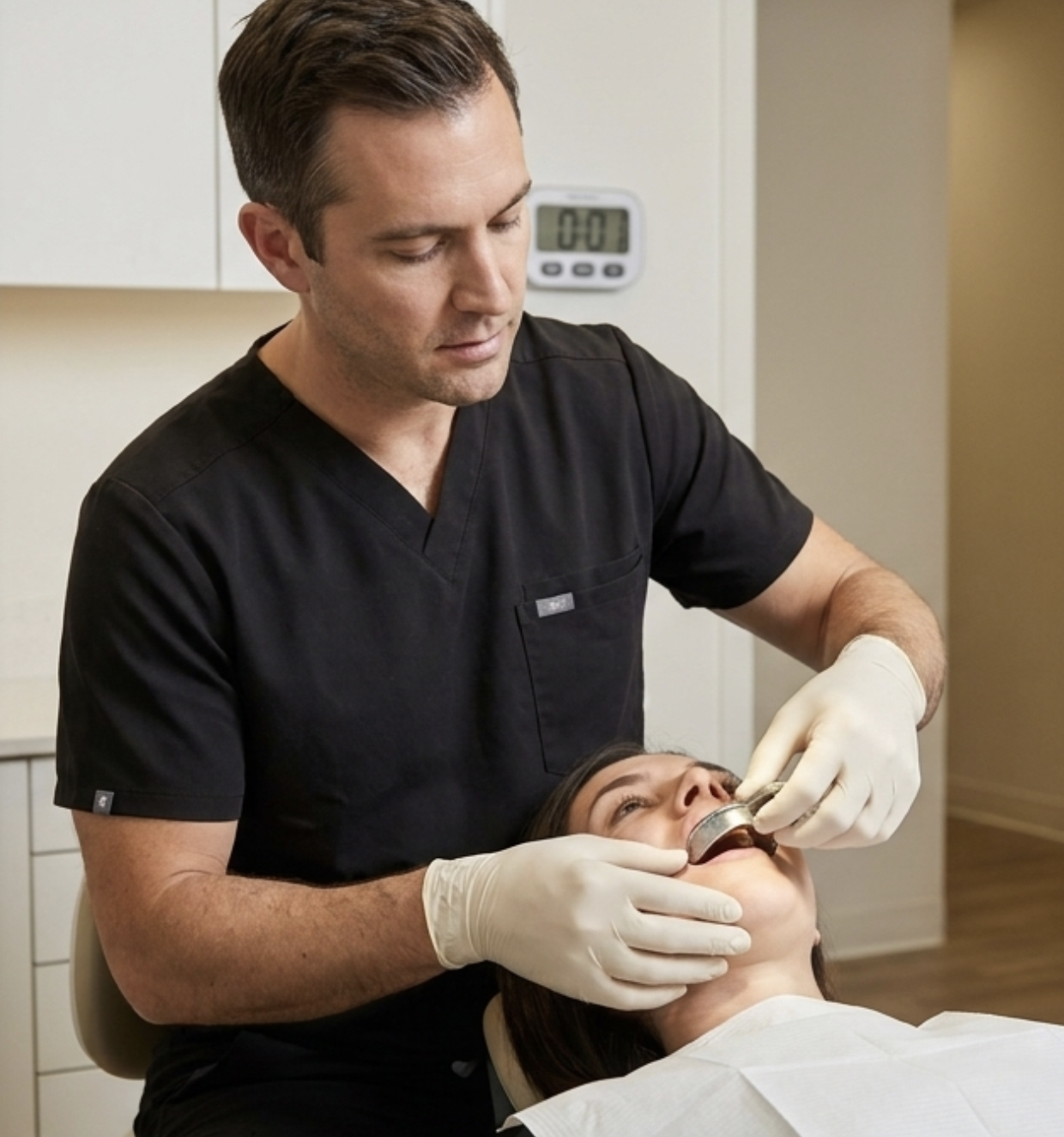 dentist taking professional impression of patient teeth for night guard